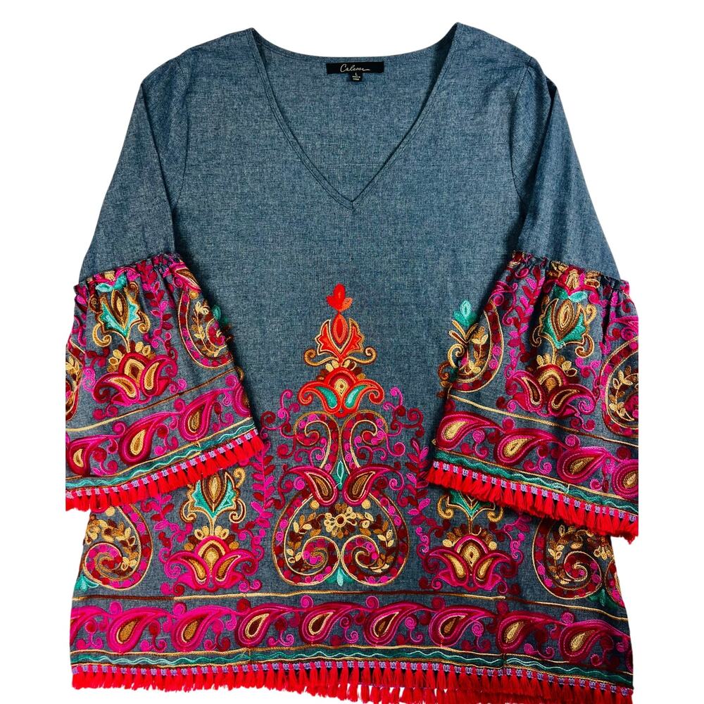Caleoa Women’s L Boho Embroidered Tunic Top Tassel V-Neck Festival Blouse